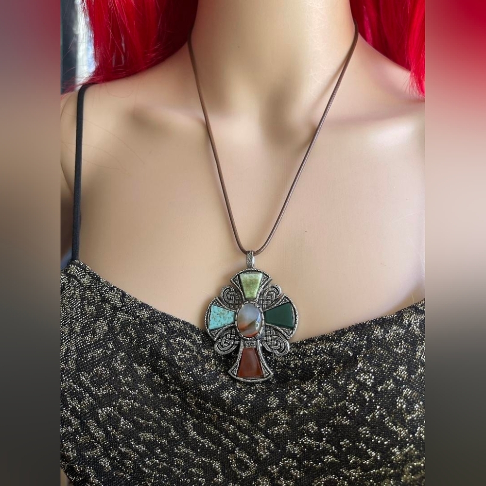 Goose&Crayon 2nd Hand Multi-Stone Cross Pendant Necklace, 20" Brown Suede Cord